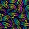 Cosmic seamless vector pattern of rainbow psilocybin mushrooms. Stylish wallpaper of hallucinogenic mushrooms in acid colors.