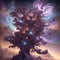 Cosmic tree of creation on cosmic background. Generative AI