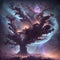 Cosmic tree of creation on cosmic background. Generative AI