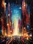 Cosmic & Urban Dance: Oil Fusion of Celestial Wonders with City\\\'s Architectural Pulse