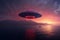 Cosmic wonder, Alien spaceship soars above sunset sea, radiant red sky
