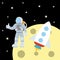 Cosmonaut, astronaut in a spacesuit in space, moon and lunar craters, rocket, children`s illustration, fantasy, astronaut flight