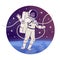 Cosmonaut floating in outer space flat concept icon. Female astronaut in spacesuit exploring cosmos sticker, clipart