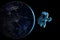 Cosmonaut is flying in outer space on night Earth planet background. Elements of this image furnished by NASA