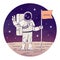 Cosmonaut placing flag on moon flat concept icon. Astronaut in space suit showing peace sign sticker, clipart. Alien