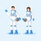 Cosmonauts in spacesuits flat vector illustration. Male and female astronauts standing, waving hand and holding helmets
