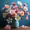 Cosmos Arrangement: Pink And Teal Flowers In 3d