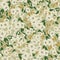 Cosmos flower and olives illustration motif seamless repeat pattern light retro green background