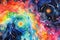 Cosmos scene of of colors. Vibrant colorful watercolor new age style abstract cosmos scene with stars galaxies swirling vibrant