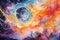 Cosmos scene of of colors. Vibrant colorful watercolor new age style abstract cosmos scene with stars galaxies swirling vibrant