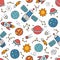 Cosmos. Seamless pattern in doodle and cartoon style. Color.
