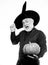 Cosplay outfit. Senior man white beard celebrate Halloween with pumpkin. Wizard costume hat Halloween party. Magician