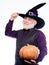 Cosplay outfit. Wizard costume hat Halloween party. Senior man white beard celebrate Halloween. Magician witcher old man