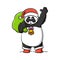Cosplay of the panda with the santa clause costume is holding a green sack of the gift
