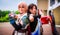 Cosplayers dressed as `Lightning` and `Fang` from `Final Fantasy
