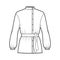 Cossack blouse technical fashion illustration with tie, bouffant long sleeves, stand collar, oversized, button up. Flat