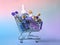 Cost of glitter products. Mini shopping cart with several glitter bottles on abstract neon blue pink background.