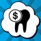 The cost of tooth treatment sign. Vector. Black icon in bubble o