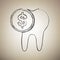 The cost of tooth treatment sign. Vector. Brush drawed black icon at light brown background. Illustration.