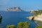 Costa Blanca bays and inlets with the town of Calpe and Calpe Rock, Ifach, in the distance, Spain.