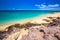 Costa Calma sandy beach with vulcanic mountains in the background, Jandia, Fuerteventura island, Canary Islands, Spain.