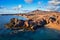 Costa de Papagayo on a sunny evening. The mountain range Los Ajaches in the background. Lanzarote, Spain