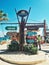 Costa Maya, Mexico - December 4, 2019: Arrow wooden authentic sign with Caribbean countries destinations at sea ocean, harbour.