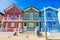 Costa Nova, Portugal: colorful striped houses called Palheiros located in beach resort on Atlantic coast near Aveiro.