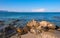 Costa Smeralda coast of Tyrrhenian Sea and Isola Molara island seen from San Teodoro resort town in Sardinia,