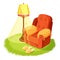 Cosy armchair with cushions, yellow, round grass textile rug