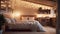 Cosy bedroom decorated in light wood, Scandinavian style, light garlands for illumination, AI generative