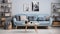 Cosy blue living room interior design, stylish modern livingroom. generative ai