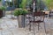 Cosy cafe table and chairs on the terrace outside the bar