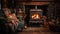 Cosy cottage living room with fireplace with woodburning stove. Generative AI