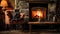 Cosy cottage living room with fireplace with woodburning stove. Generative AI