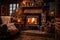 Cosy cottage living room with fireplace with woodburning stove. Generative AI