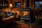 Cosy cottage living room with fireplace with woodburning stove. Generative AI