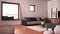 Cosy dark gray and beige living room with sofa and pillows, lounge, carpet, coffee table, pouf and decors, panoramic window,