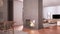 Cosy dove gray and beige living room with sofa, carpet, table and pouf, concrete modern fireplace, kitchen with dining table,