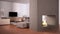 Cosy dove gray and beige living room with sofa, carpet, table and pouf, concrete modern fireplace and walls, tv cabinet,