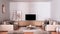 Cosy dove gray and beige living room with sofa and pillows, lounge, carpet, coffee table, blanket, pouf and decors, tv cabinet,