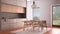 Cosy dove gray and wooden kitchen with dining table and chairs, carpet and pendant lamp, panoramic windows, garden meadow, tree,