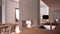Cosy dove gray and wooden kitchen with dining table and chairs, concrete modern fireplace and walls, living room with sofa,
