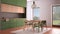 Cosy green and wooden kitchen with dining table and chairs, carpet and pendant lamp, panoramic windows, garden meadow, tree,