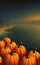 Cosy Halloween landcsape with pumpkins and sea