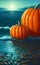 Cosy Halloween landcsape with pumpkins and sea