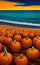 Cosy Halloween landcsape with pumpkins and sea