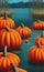 Cosy Halloween landcsape with pumpkins and sea