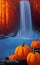 Cosy Halloween landcsape with pumpkins and a waterfall