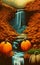 Cosy Halloween landcsape with pumpkins and a waterfall